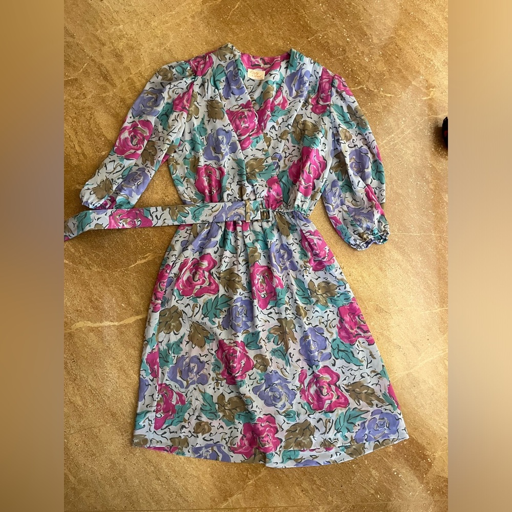 Lady Carol of New York Floral Multi-Color Dress Chiffon 70’s 80’s Vintage